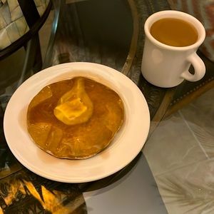 Ceramic Staging Pancake on platter & Coffee in Mug